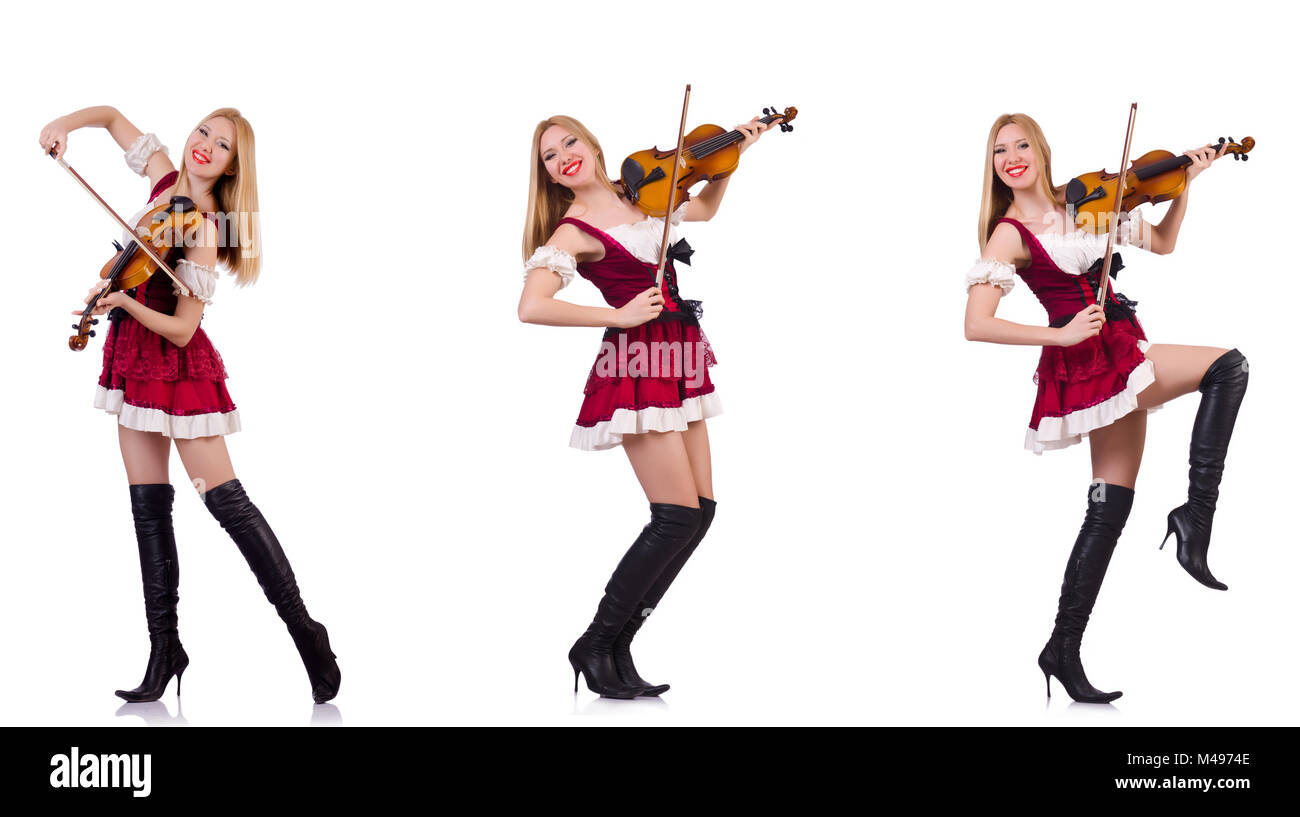 Bavarian girl playing the violin isolated on white Stock Photo - Alamy