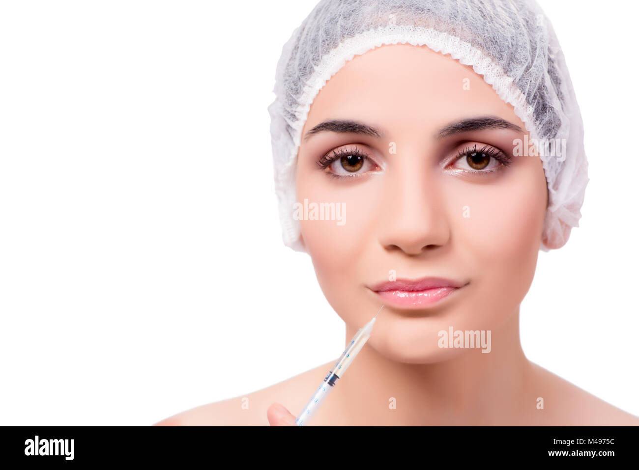 Young woman preparing for plastic surgery isolated on white Stock Photo