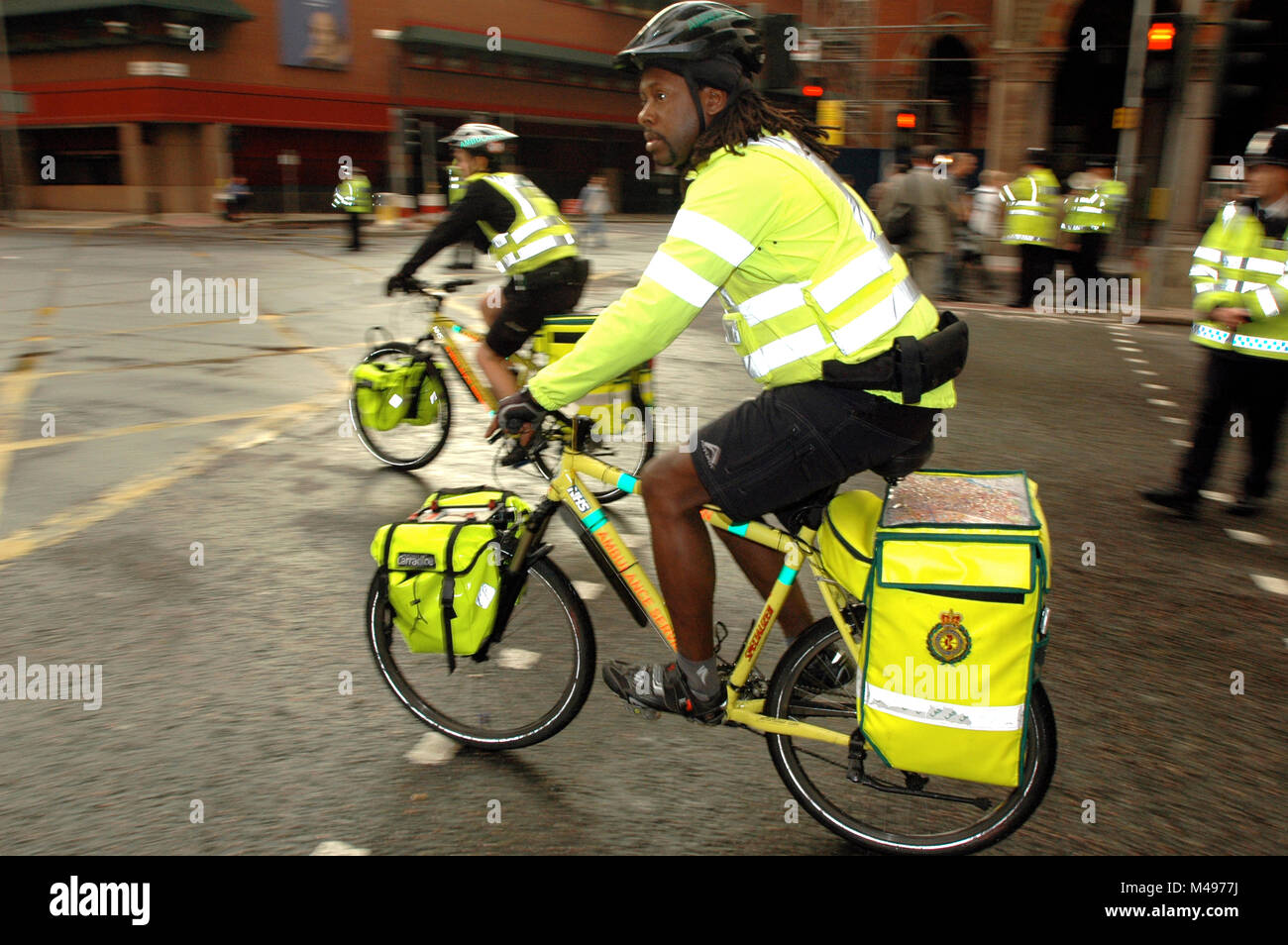 Paramedics on bicycles in London near Kings Cross Station on July 7th 2005 the day of the terrorist bombings on public transport Stock Photo