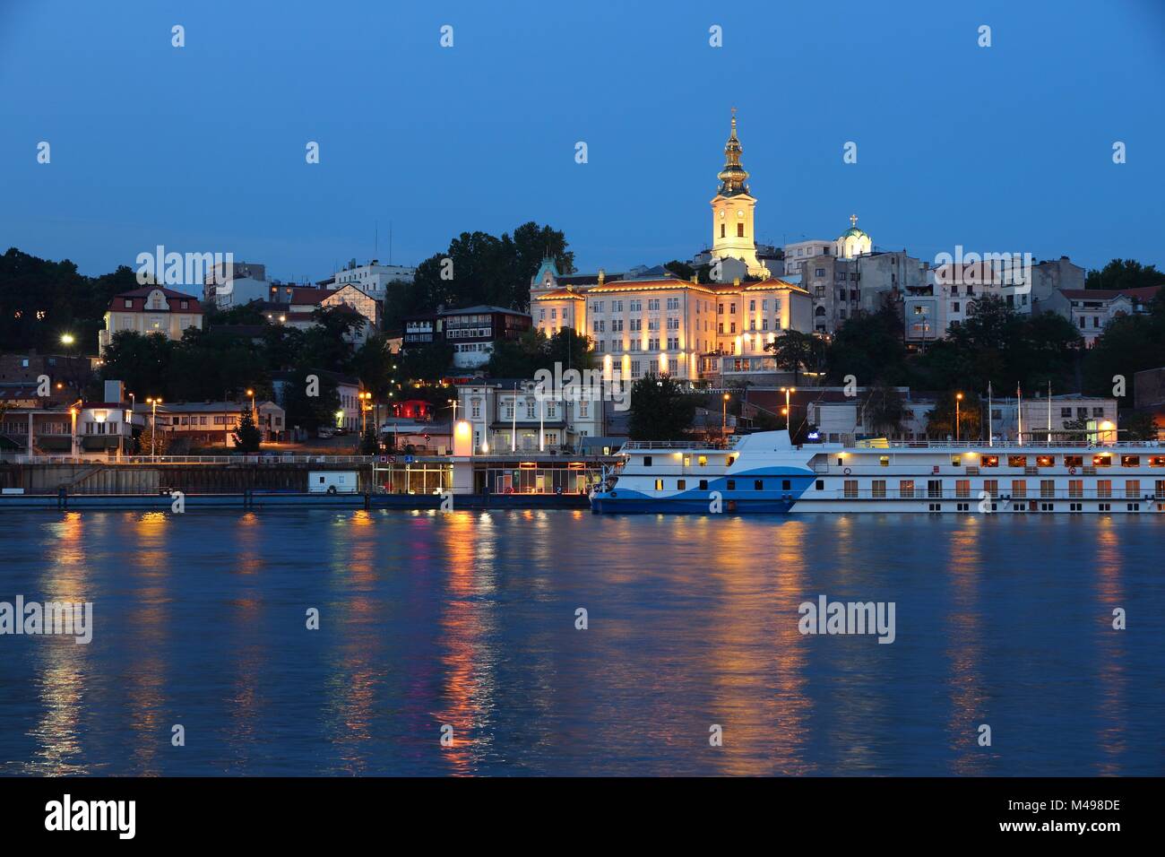 Belgrade, Serbia - capital city view at night. Illuminated cityscape. Stock Photo