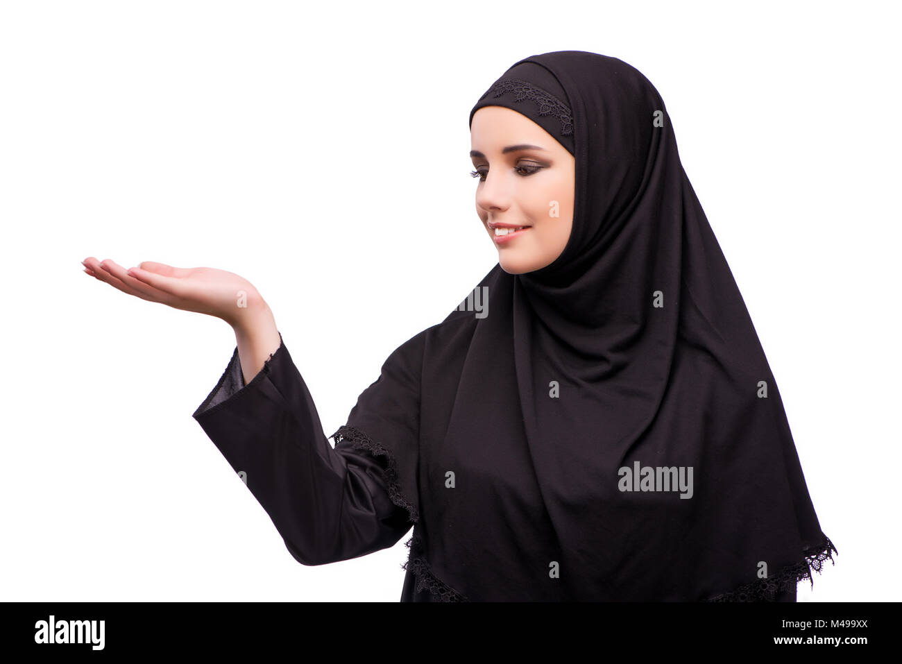 Muslim woman in black dress isolated on white Stock Photo - Alamy