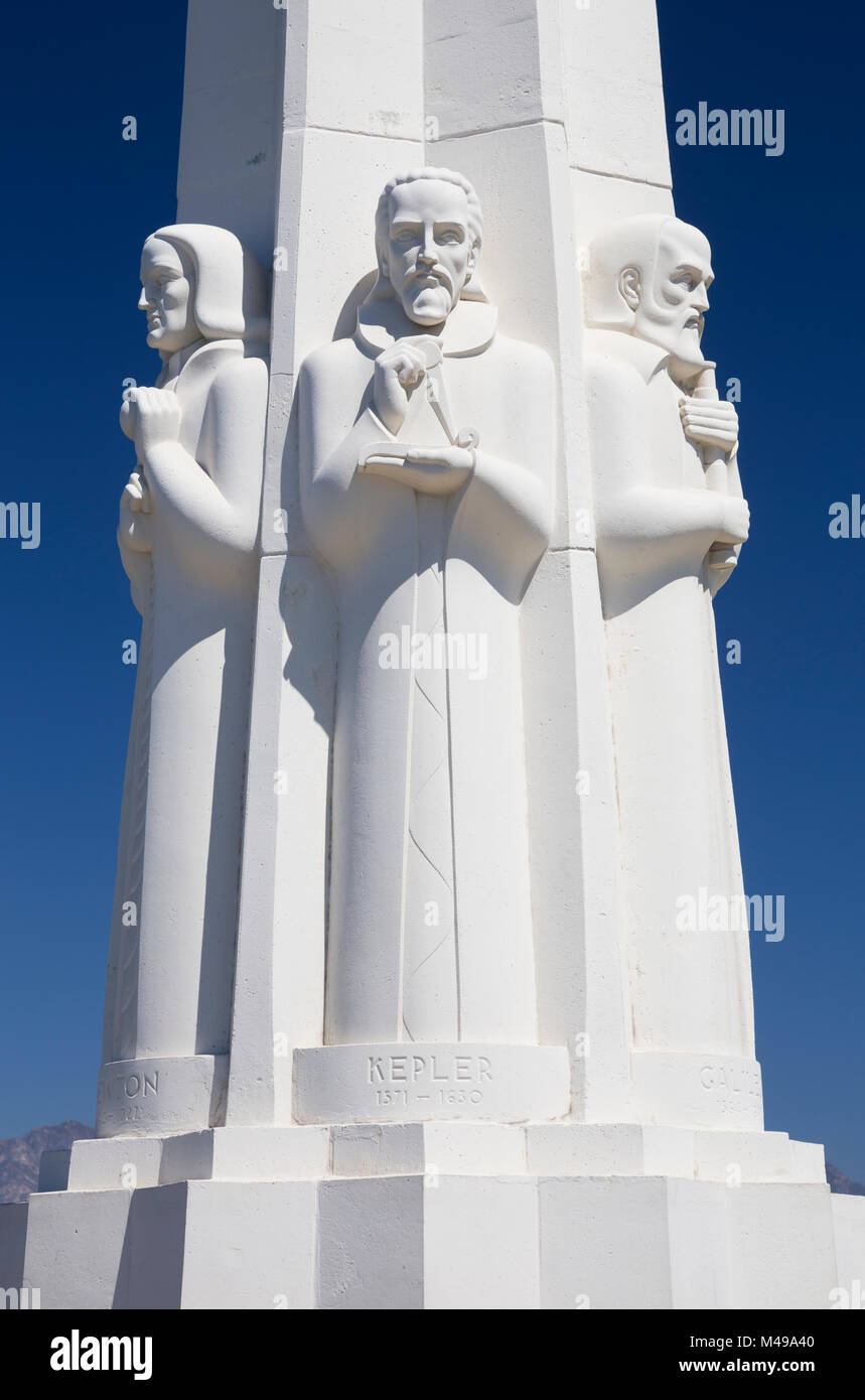 Astronomers Monument in front of Griffith Observatory north door, Los Angeles, California, USA Stock Photo