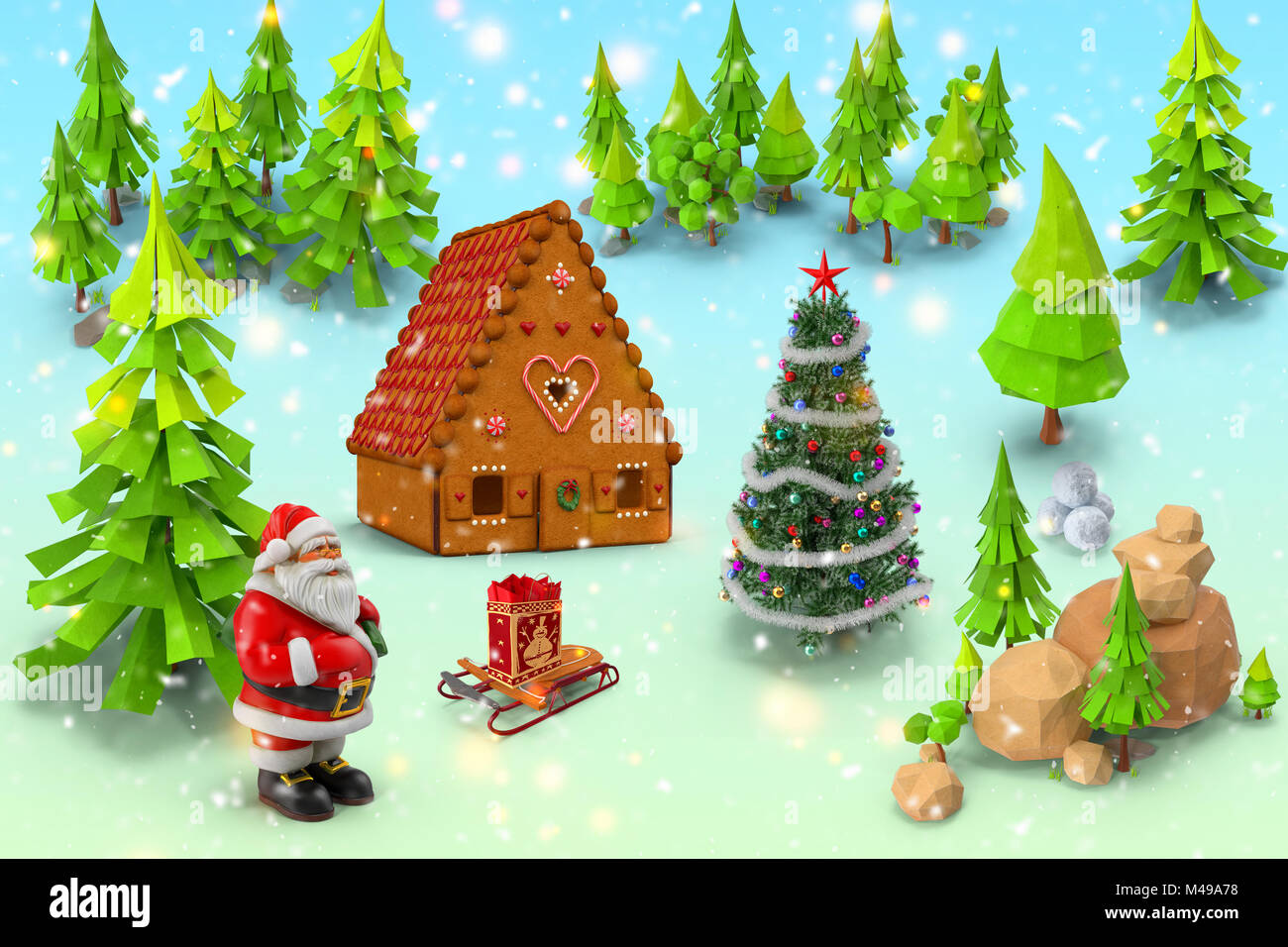 Santa Claus with gifts in the forest. 3D rendering Stock Photo - Alamy