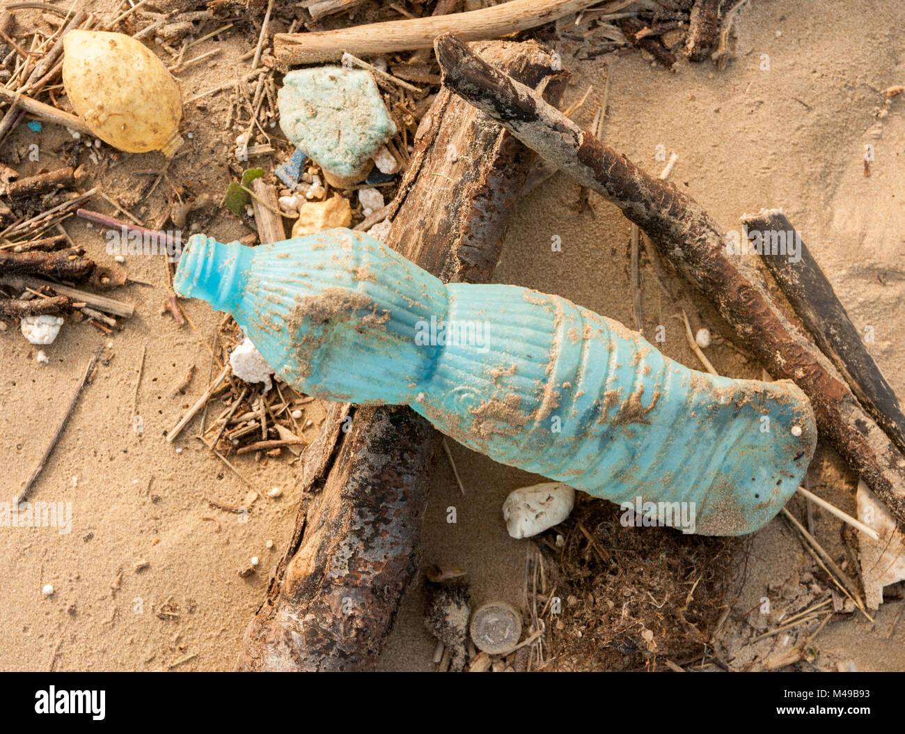 Detritus including a veriety of plastics washed up on Cefn Sidan, Pembrey. West Wales. UK. Stock Photo