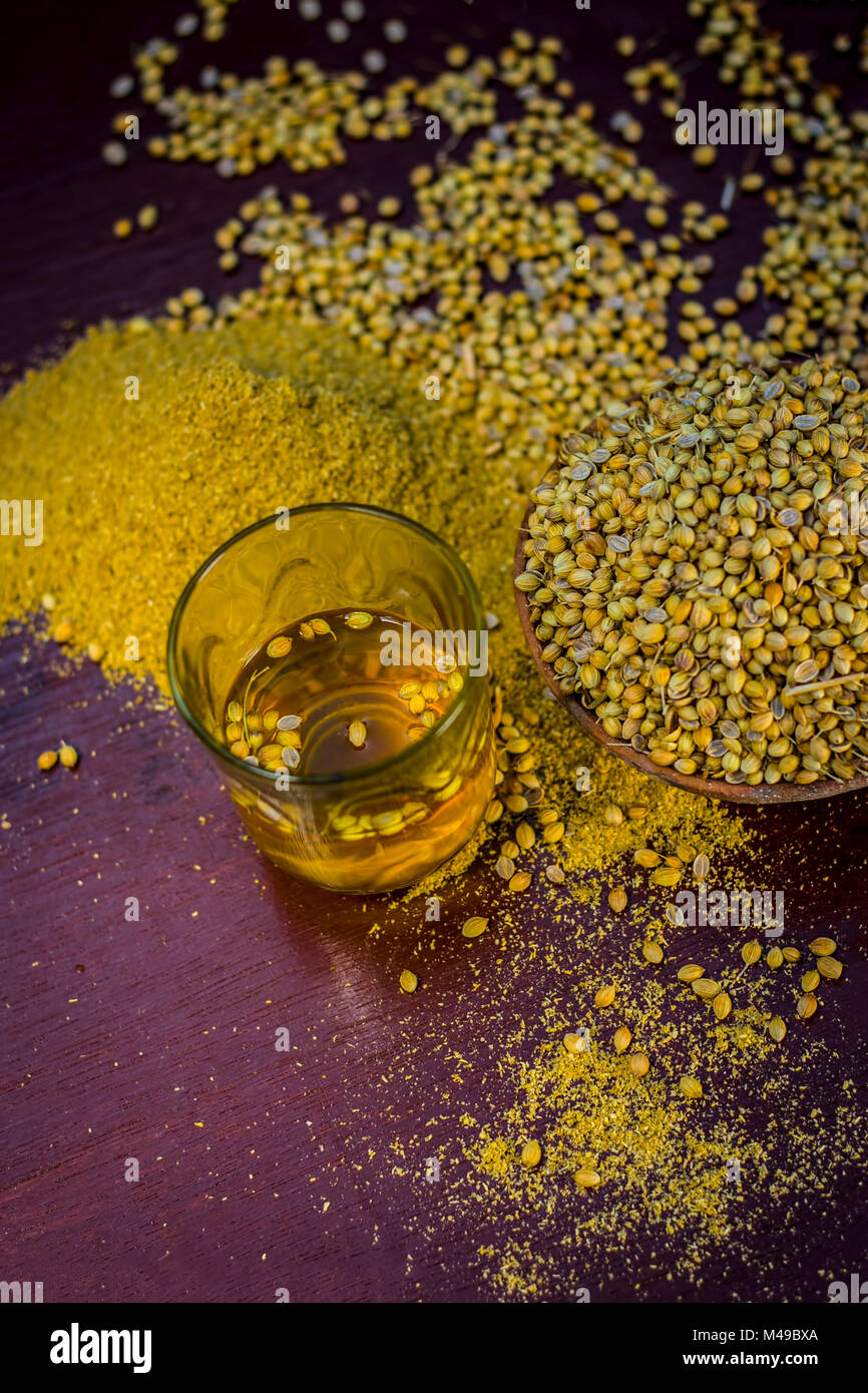 Close up of water of Coriandrum sativum,Coriander with its powder Stock