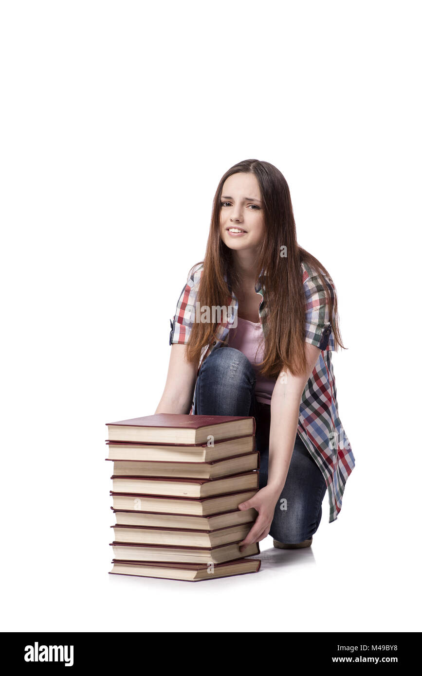Student with books isolated on the white background Stock Photo - Alamy