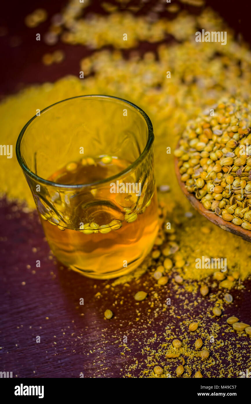 Close up of water of Coriandrum sativum,Coriander with its powder Stock