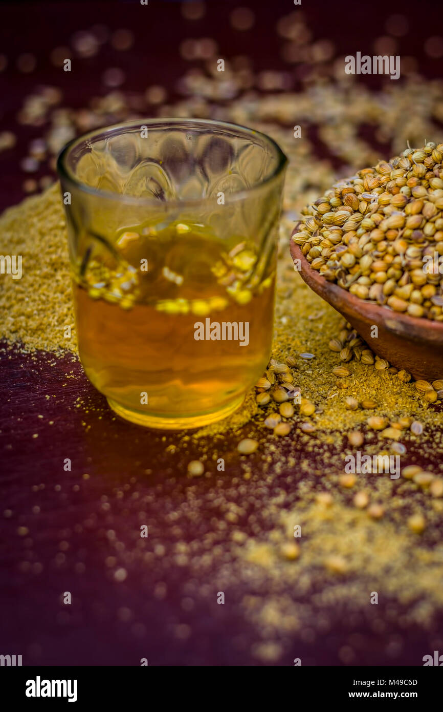 Close up of water of Coriandrum sativum,Coriander with its powder Stock