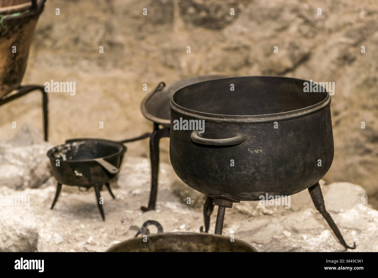 Medieval Kitchen With Tools Baskets Scale Fireplace Stock Photo