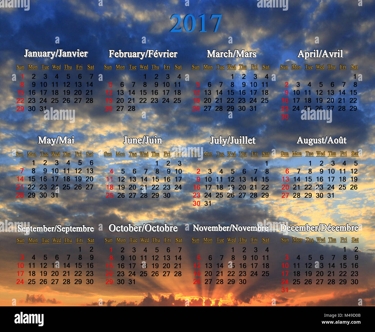 Calendar For 17 Year In English And French Stock Photo Alamy