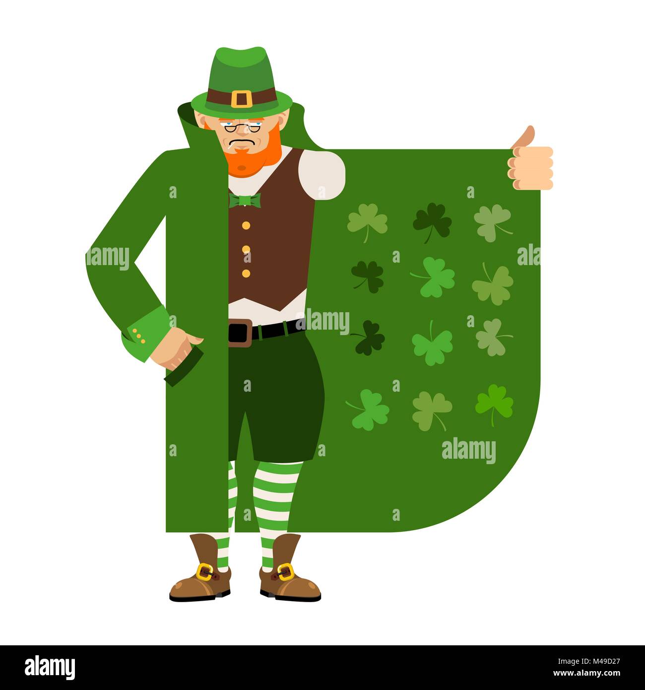 St Patricks Day. Leprechaun Smuggler selling Shamrock. Cloak-seller holiday attributes. Dealer in hat and coat . Bootlegger. Seller prohibited goods o Stock Vector
