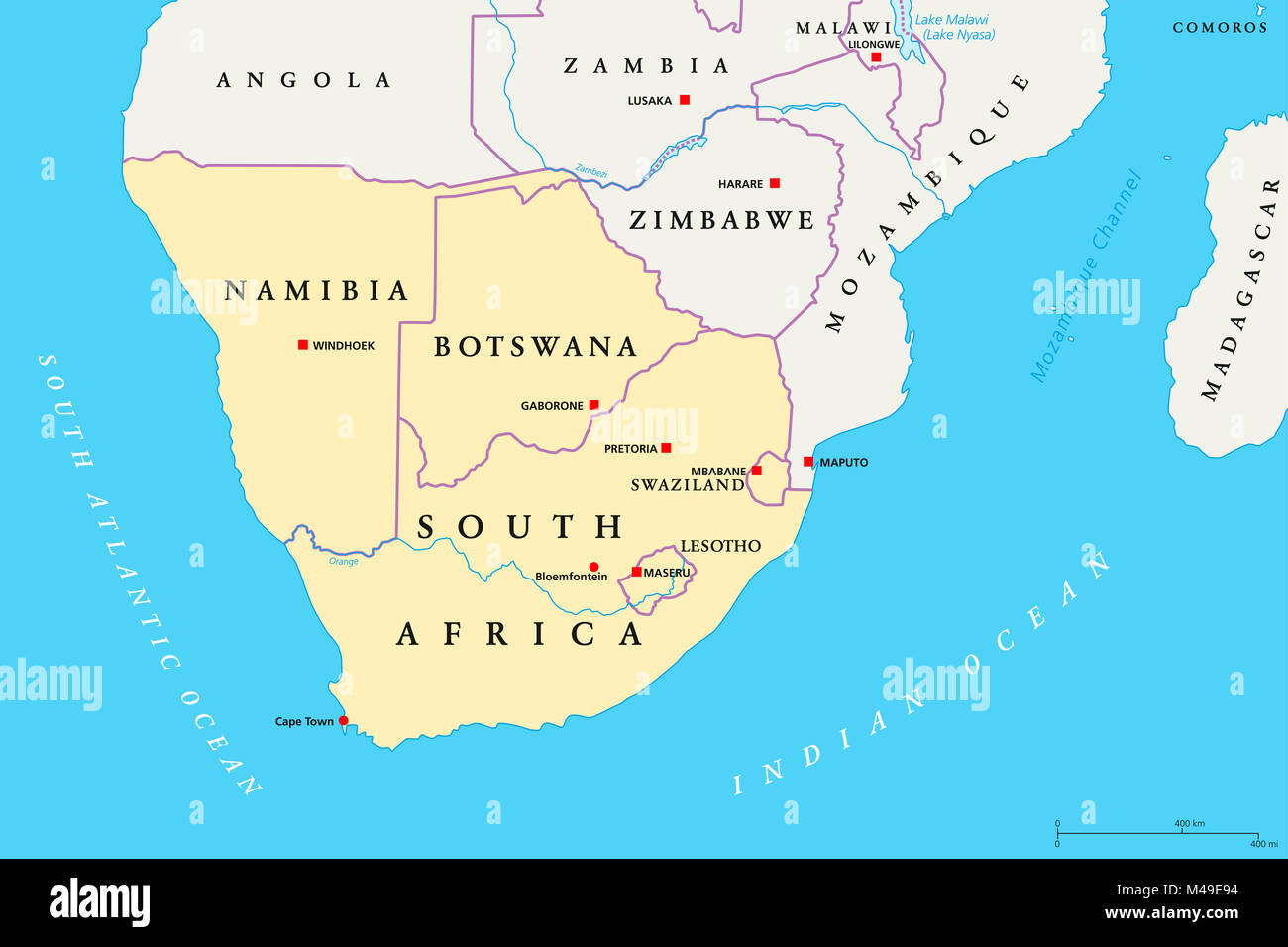 Southern Africa region political map. Southernmost region of African continent. South Africa, Namibia, Botswana, Swaziland and Lesotho. Stock Photo