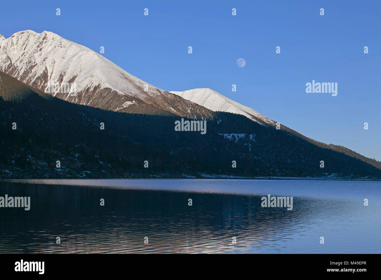 Mountain landscape reflected in lake, Basongcuo National Park, Qinghai-Tibet Plateau, Tibet,    November 2011. Stock Photo