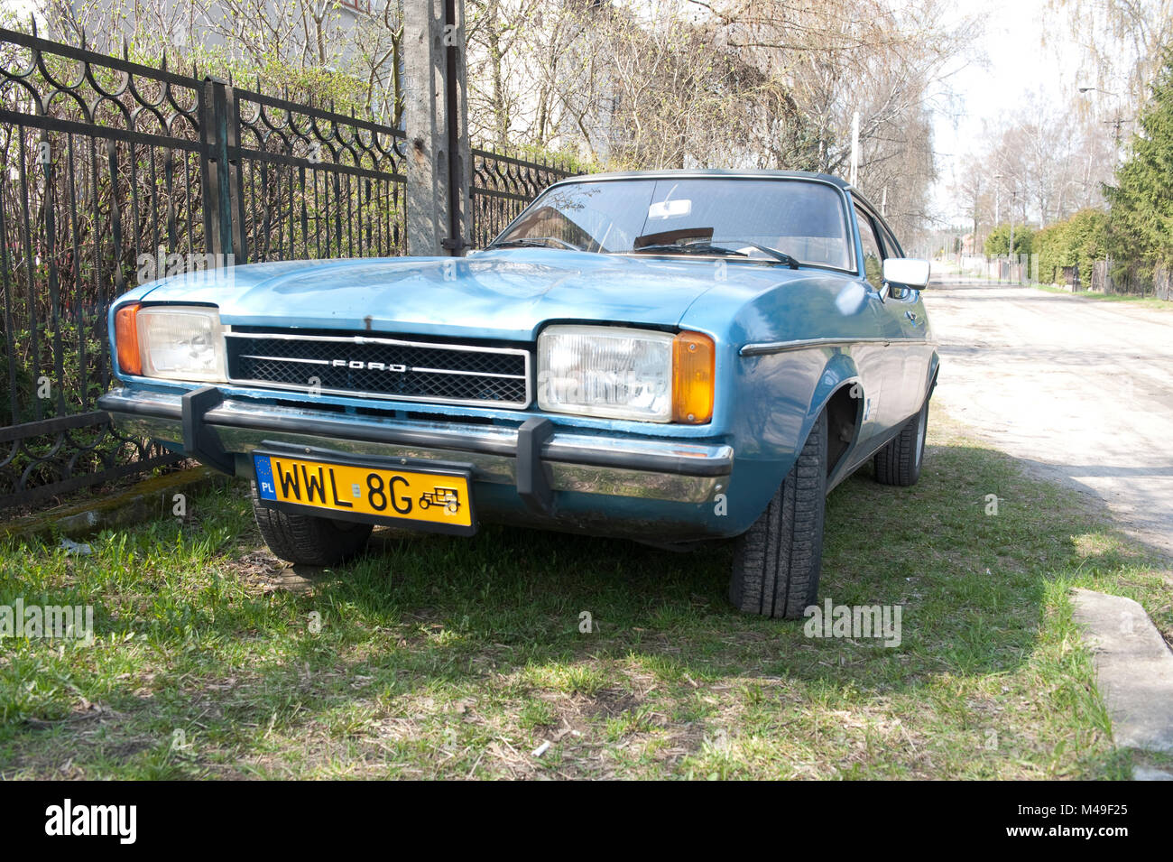 A vintage blue Ford Capri Mark 2 two door coupe in Wolomin, Poland. Stock Photo