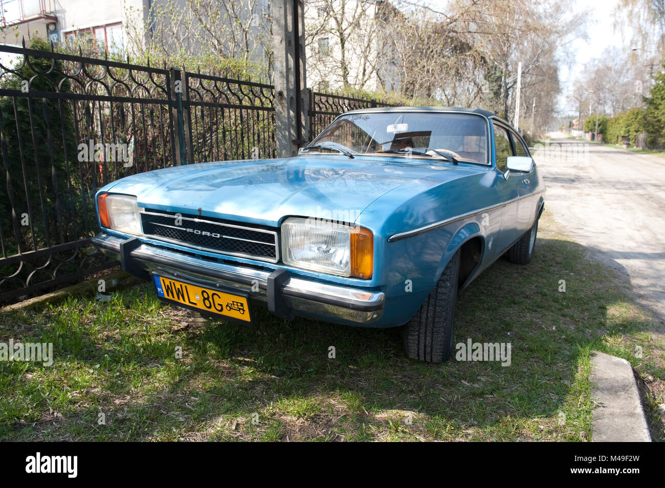 A vintage blue Ford Capri Mark 2 two door coupe in Wolomin, Poland. Stock Photo