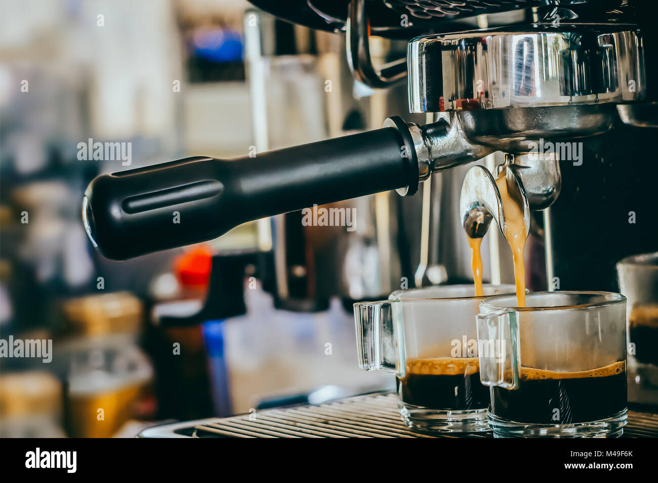 Espresso Machine Making Two Cups Of Coffee Stock Photo - Download Image Now  - Automatic, Bar Counter, Barista - iStock