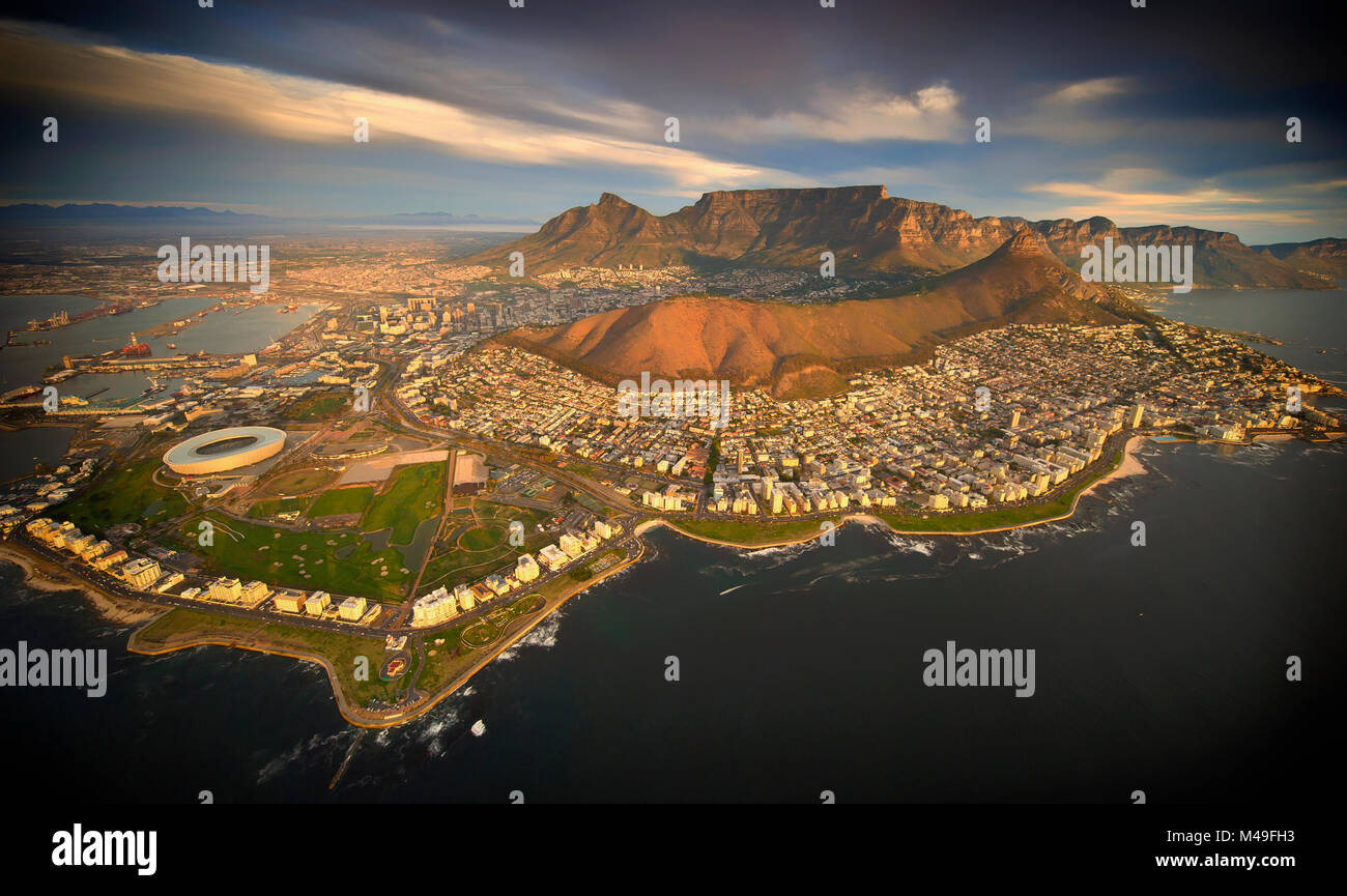 Aerial view of Cape Town city with Table Mountain, South Africa, taken from helicopter, May 2011 Stock Photo