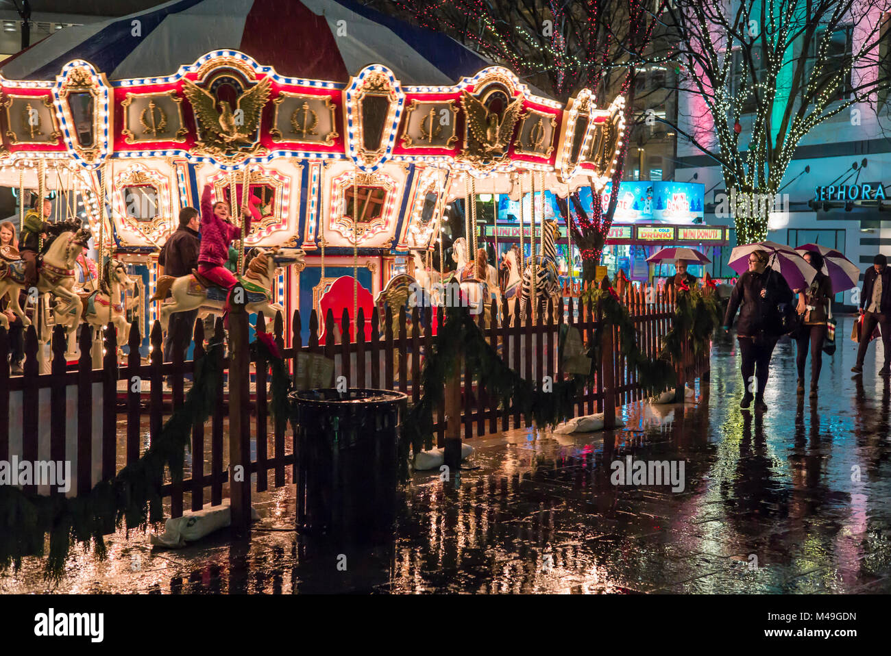 Washington Westlake Park In Downtown Seattle With Christmas Lights And A Menorah During The Winter Holiday Season Stock Photo Alamy