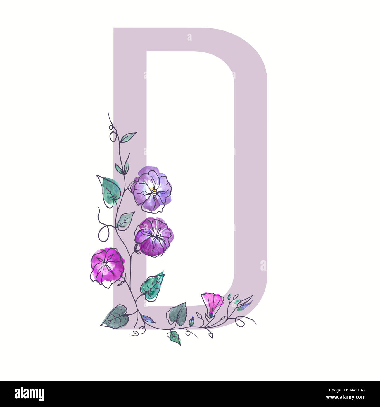 The capital letter from the alphabet is decorated with curly flowers. Watercolor illustration of botanical plants. Isolated image of outlined flowers  Stock Photo