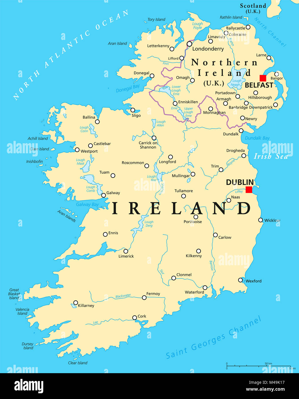 Ireland and Northern Ireland political map with capitals Dublin and Belfast, borders, important cities, rivers and lakes. Island in the North Atlantic Stock Photo