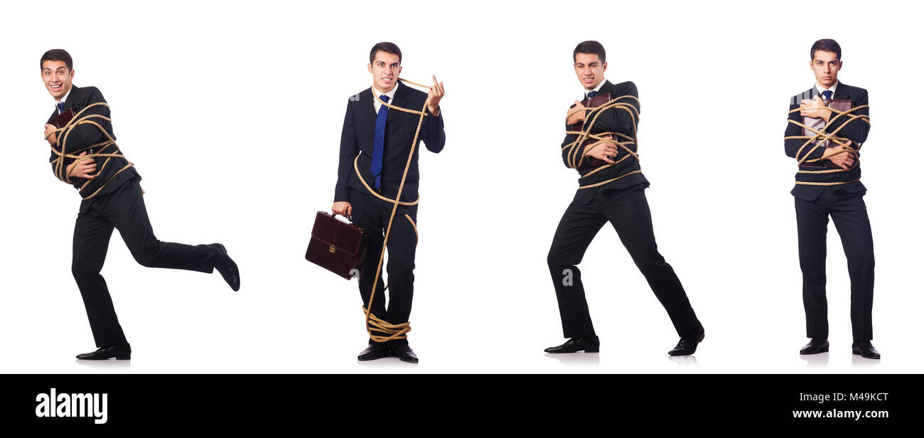 Businessman roped isolated on white background Stock Photo Alamy