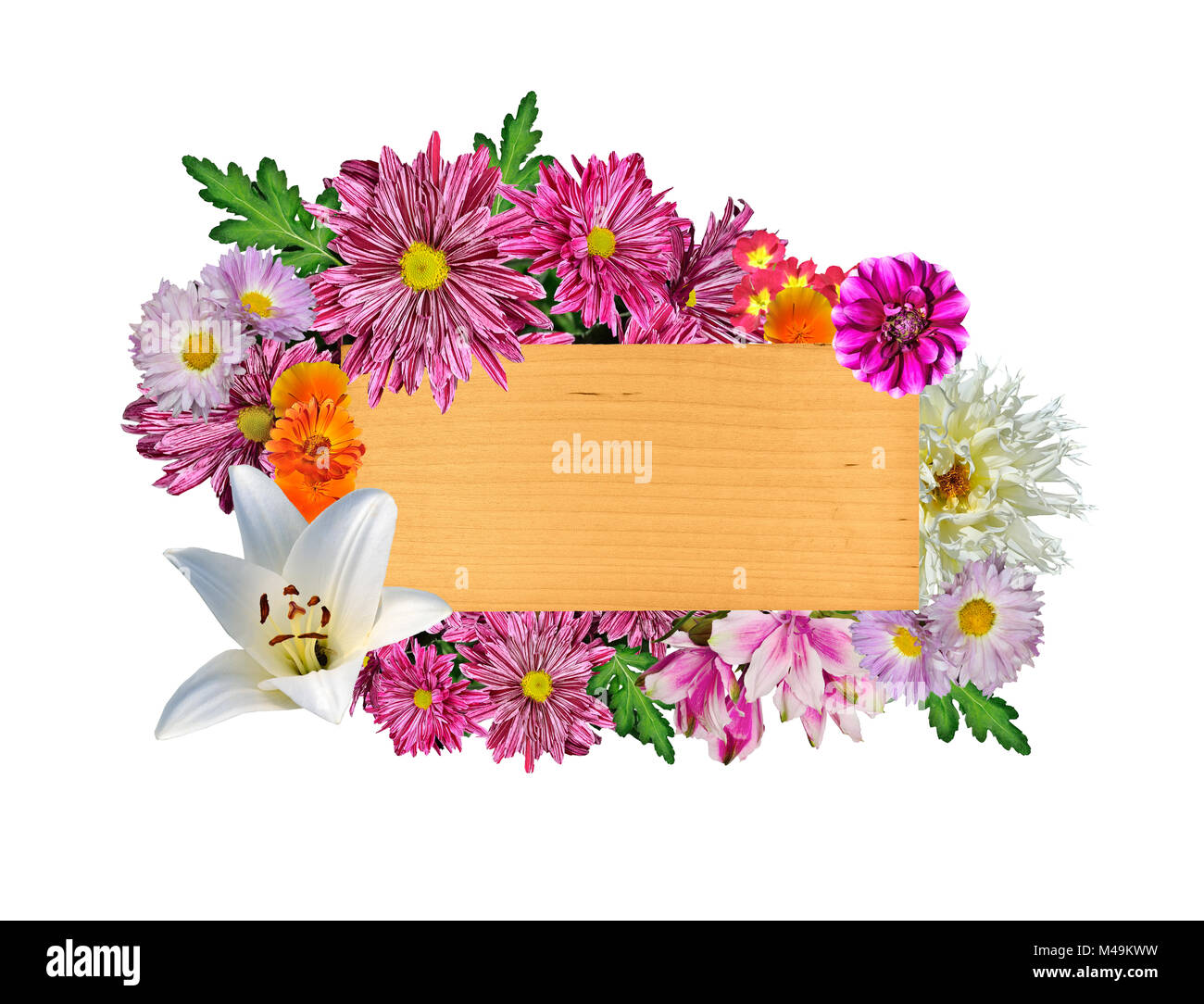Beautiful bright floral frame around a wooden signboard Stock Photo