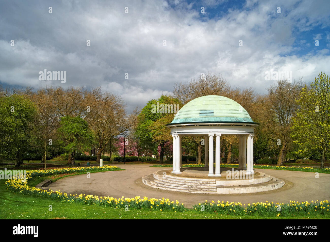 UK,South Yorkshire,Rotherham,Clifton Park Bandstand & Cherry Blossom