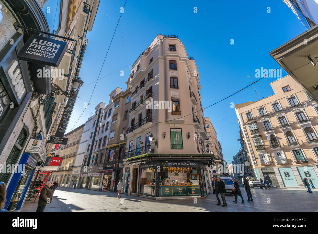 Madrid, Spain - January 18, 2018 :  Calle Preciados, Del Carmen, Rompelanzas and Maestro Victoria streets Junction Downtown Madrid. Stock Photo