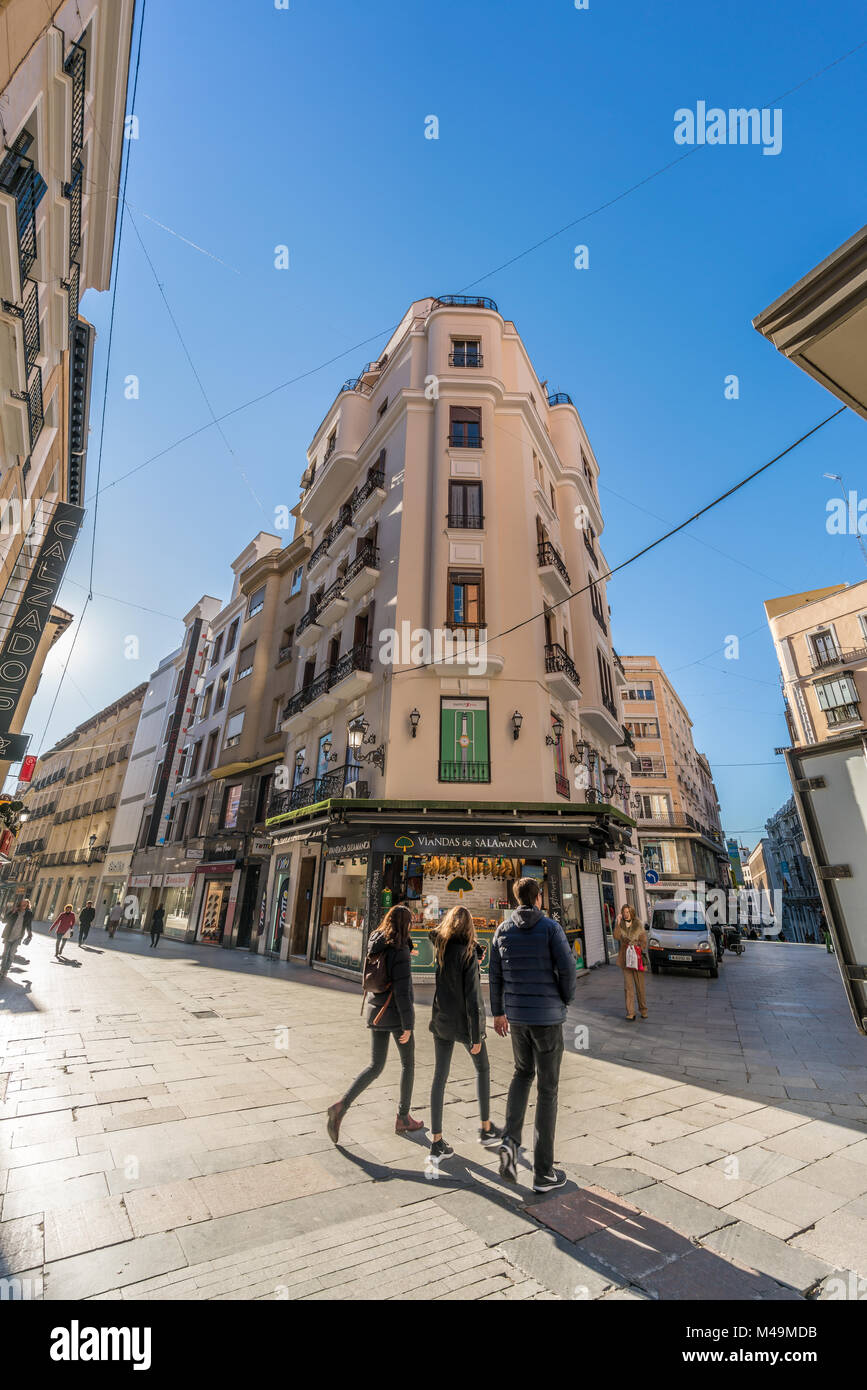 Madrid, Spain - January 18, 2018 :  Calle Preciados, Del Carmen, Rompelanzas and Maestro Victoria streets Junction Downtown Madrid. Stock Photo