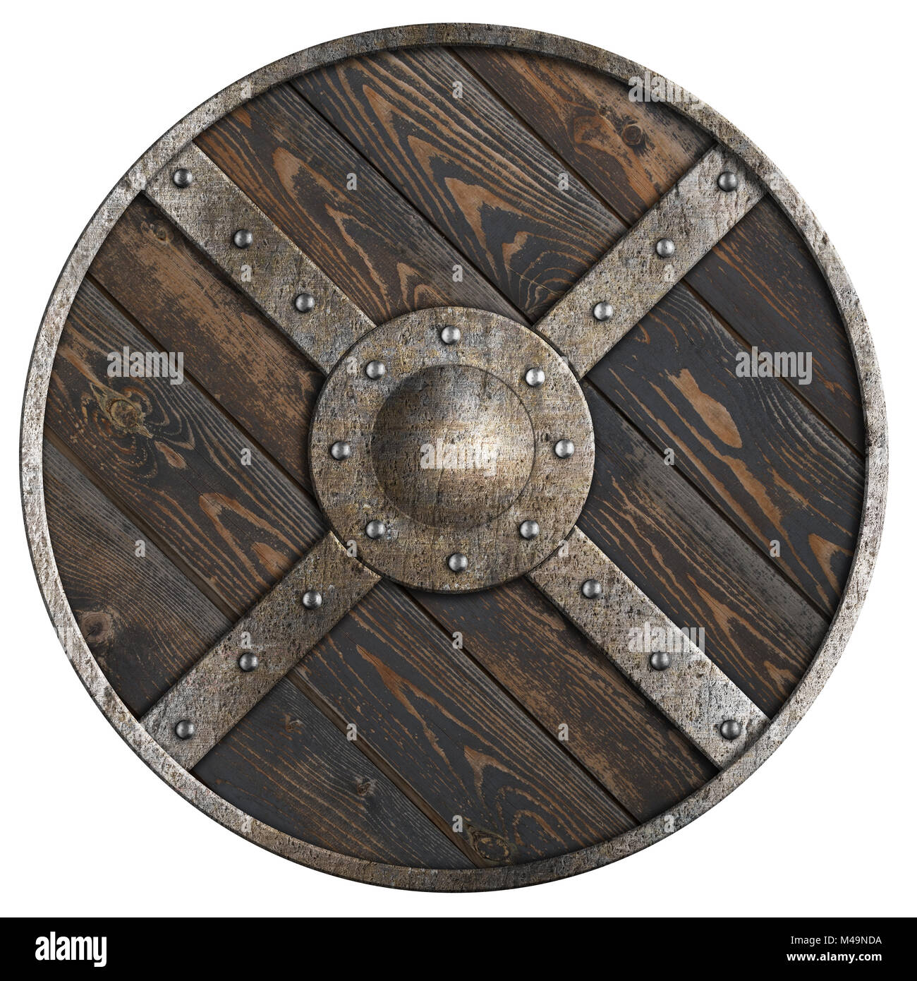 Wooden medieval round shield with metal frame and cross isolated 3d illustration Stock Photo