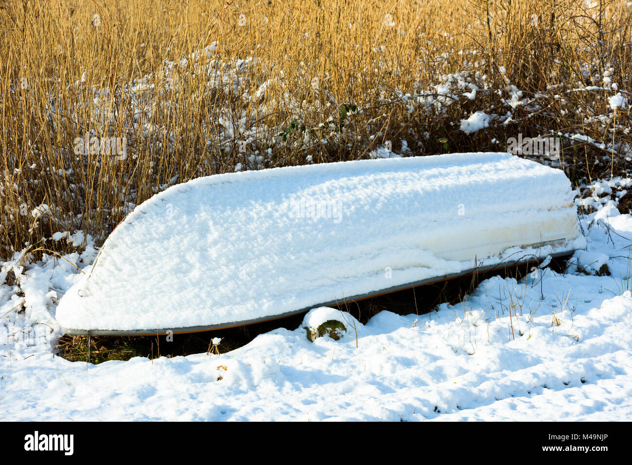 Upside down recreational boat on land covered with thin layer of snow. Reed in background. Stock Photo