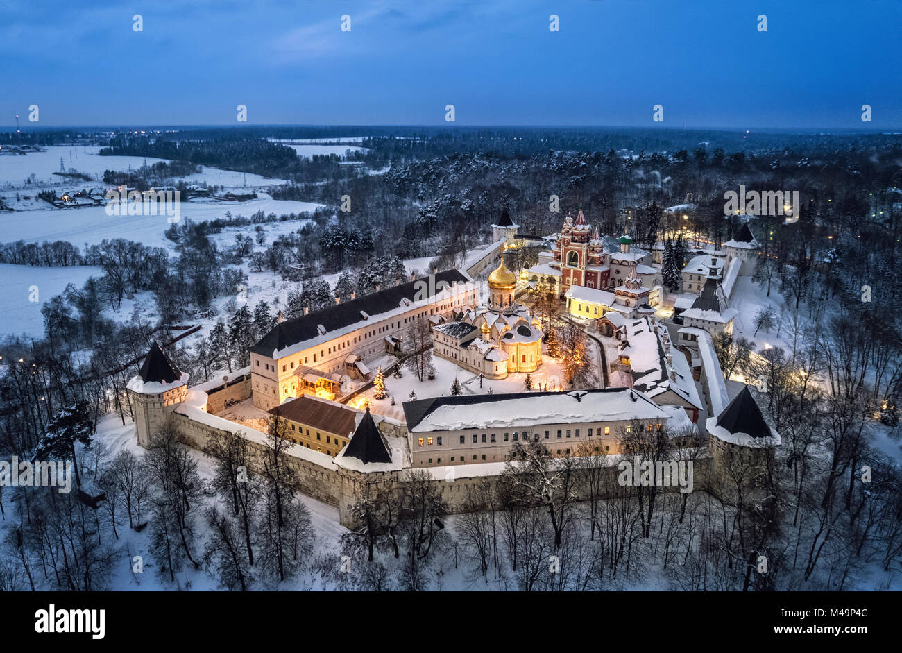 Aerial view on Savvino-Storozhevsky Monastery at dusk in Zvenigorod, Moscow oblast, Russia Stock Photo
