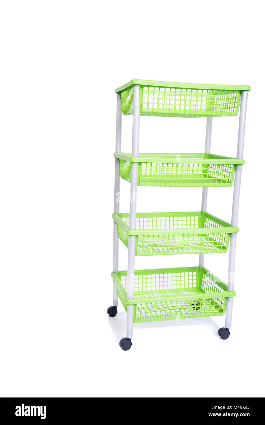Green bin rack shelf with wheels isolated on white Stock Photo