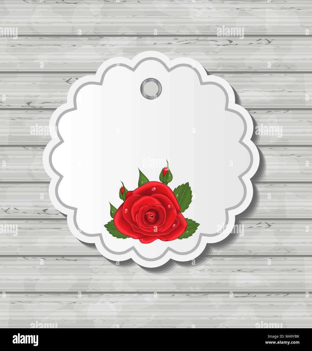 Card with red rose for Valentine Day on wooden texture Stock Photo