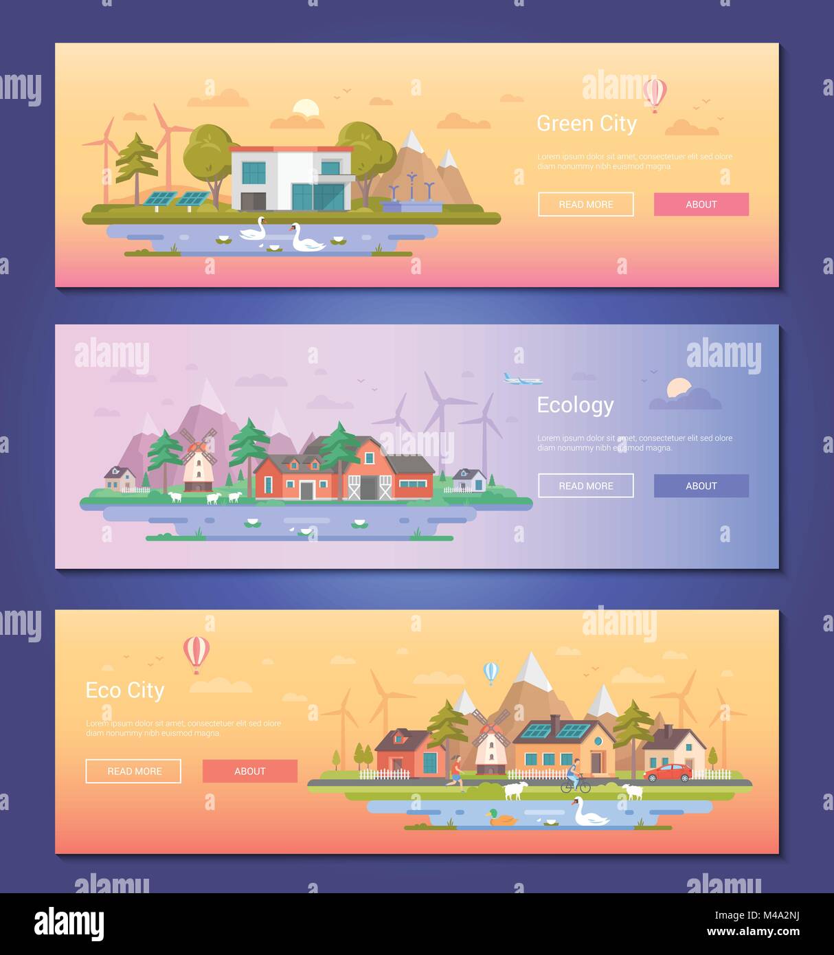 Eco city - set of modern flat design style vector illustrations Stock ...