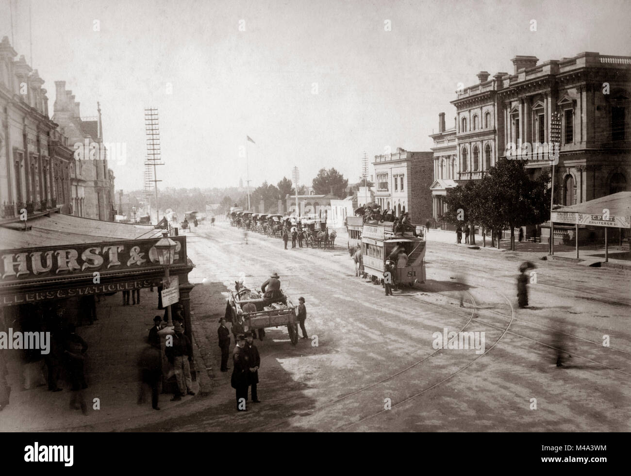 c.1880s Australia, street scene in Adelaide with trams and hackney carriages Stock Photo