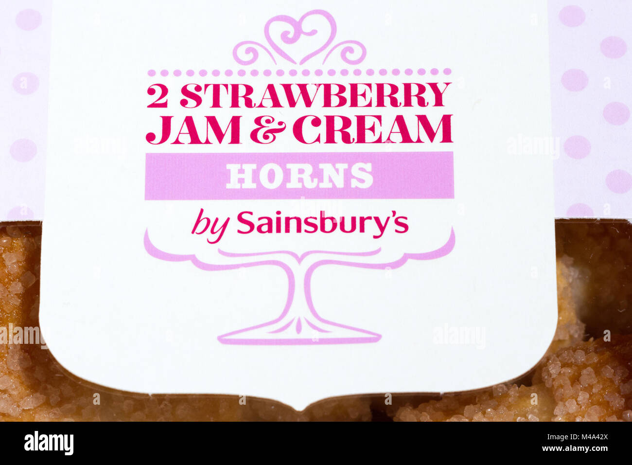 Strawberry jam & cream horns by Sainsburys label, United Kingdom Stock Photo