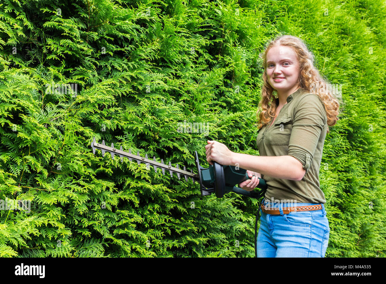 Young dutch woman holding hedge trimmer at conifers Stock Photo