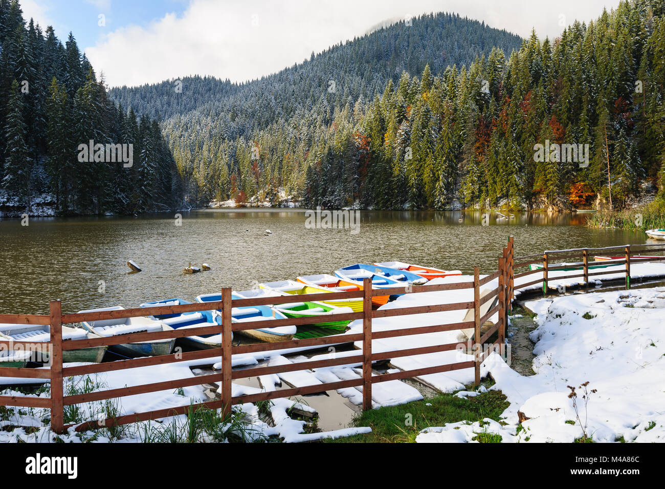 Lacul Rosu with snow, Red Lake, Romania Stock Photo