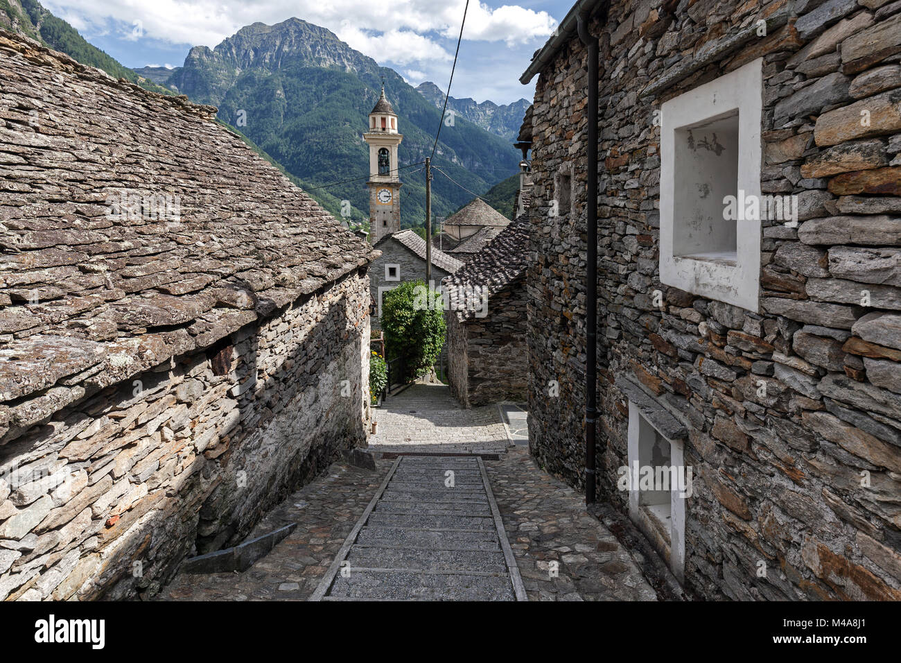Typical Ticino stone houses and church in the village of Sonogno,Verzasca Valley,Valle Verzasca,Canton Ticino,Switzerland Stock Photo