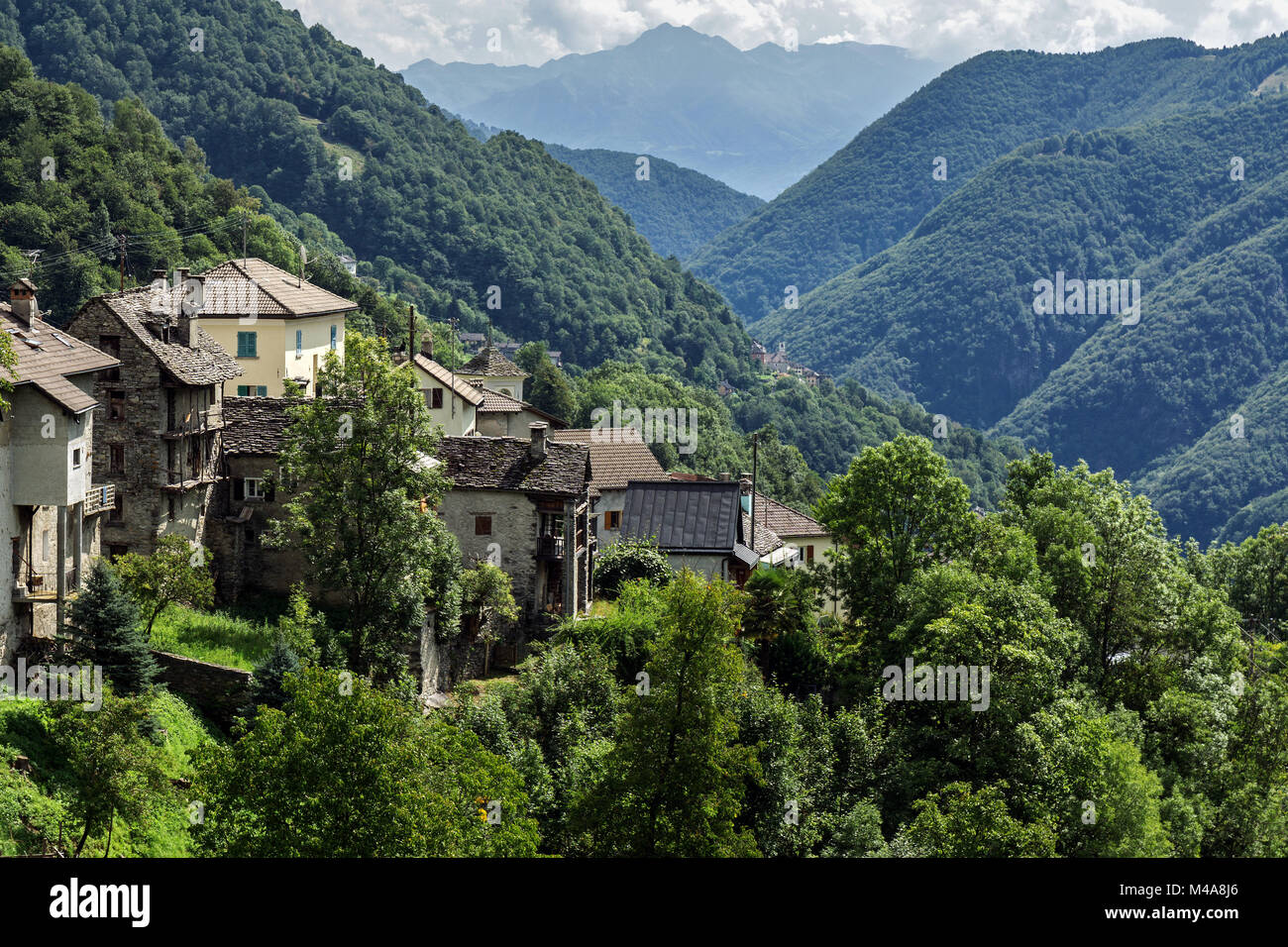 View of the village Crana,Onsernonetal,Valle Onsernone,Canton Ticino,Switzerland Stock Photo