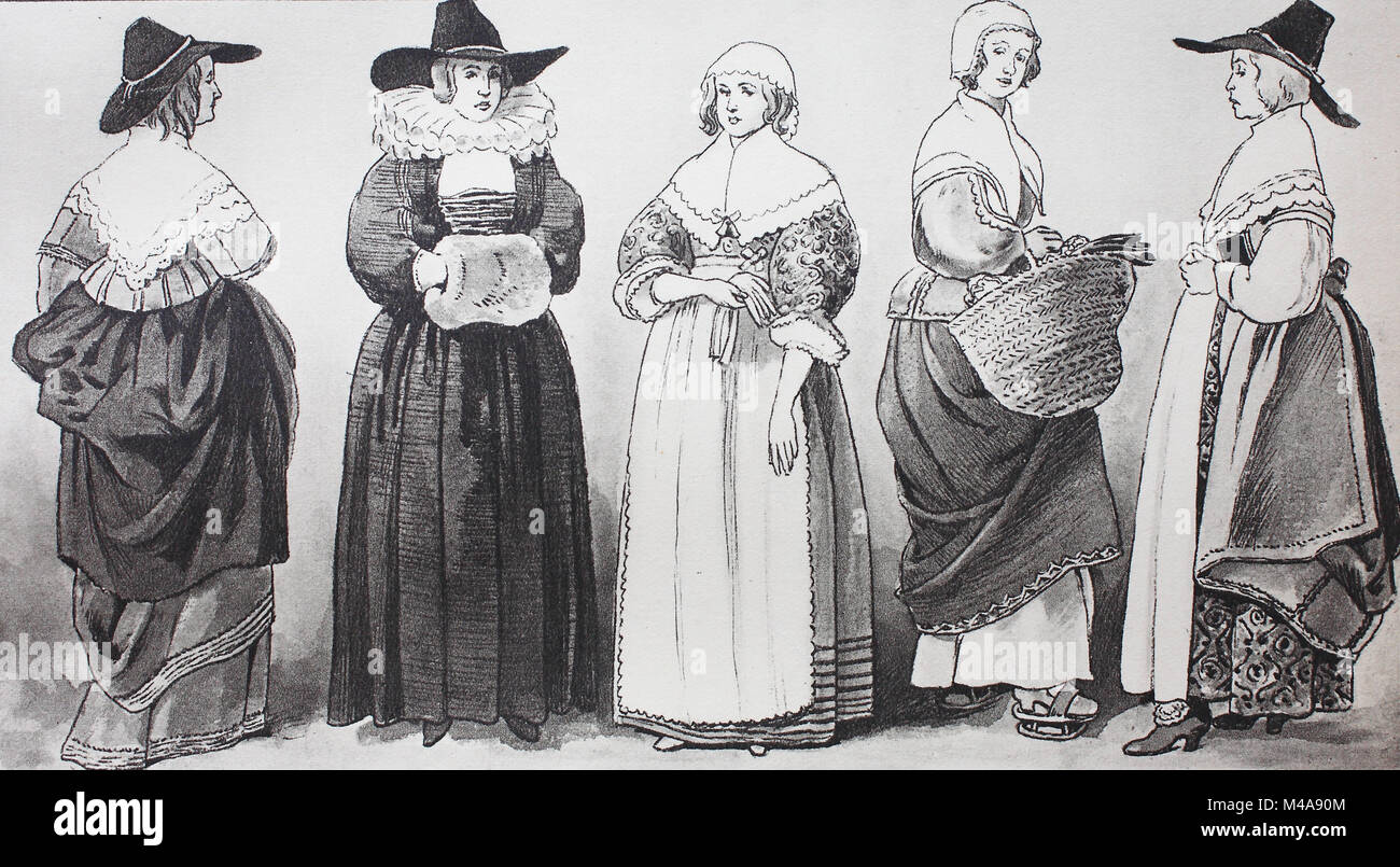 Fashion, clothes in England around 1640, after etchings by Wenzel Hollar, from left, a citizen woman from London, the wife of a Lord Mayor, a bourgeois girl, a craftswomans wife, a bourgeois woman, digital improved reproduction from an original from the year 1900 Stock Photo