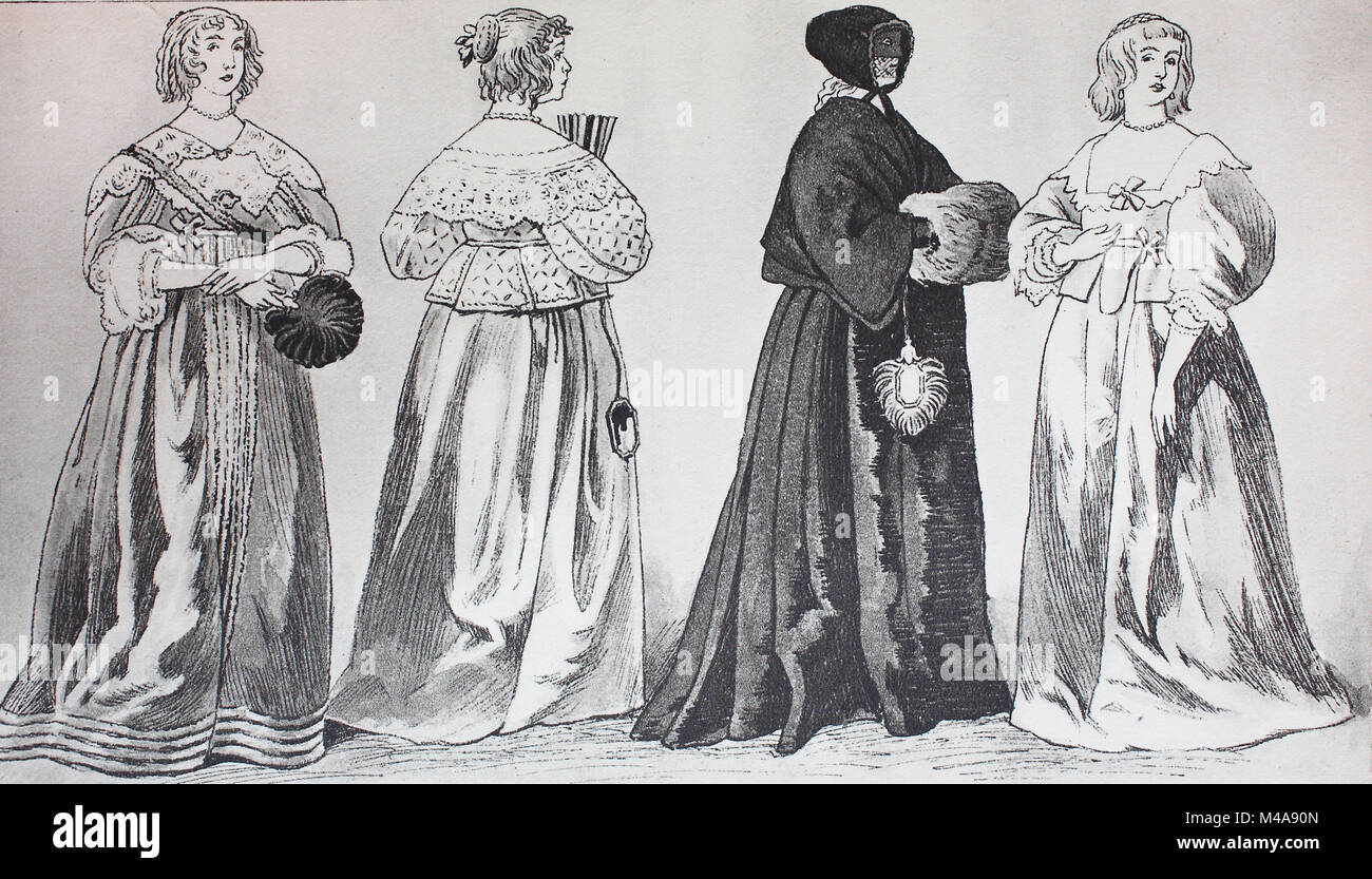 Fashion, clothes in England around 1640, after etchings by Wenzel Hollar, fashion of the distinguished English ladies, 3rd from the left, a noble lady in a winter street costume, digital improved reproduction from an original from the year 1900 Stock Photo