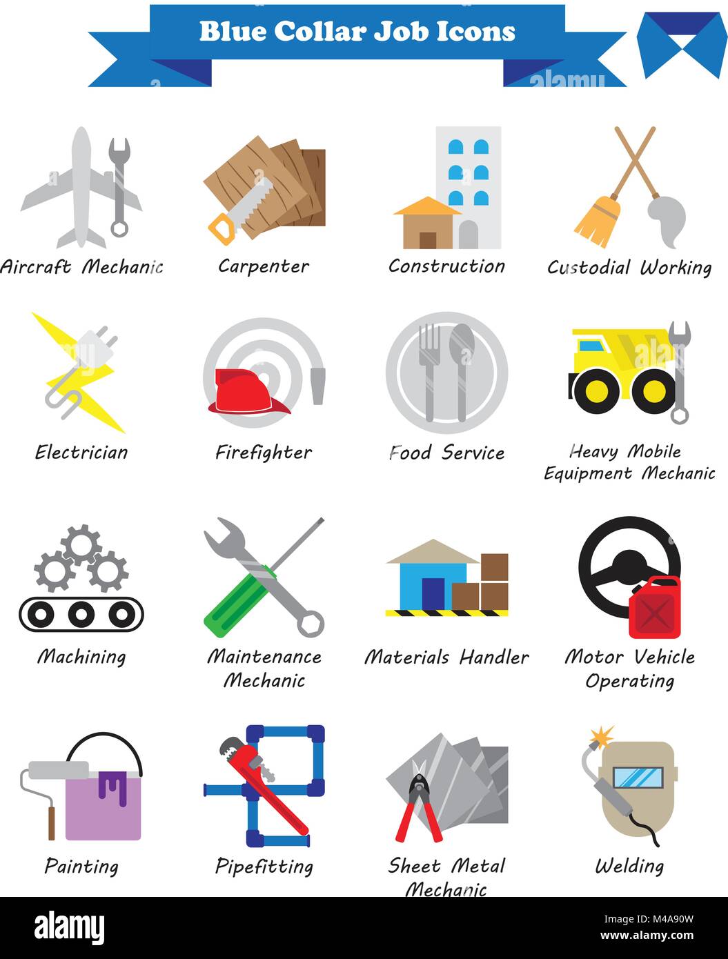 Vector Illustration ReadyToUse 16 Colorful Blue Collar Job Flat Icons