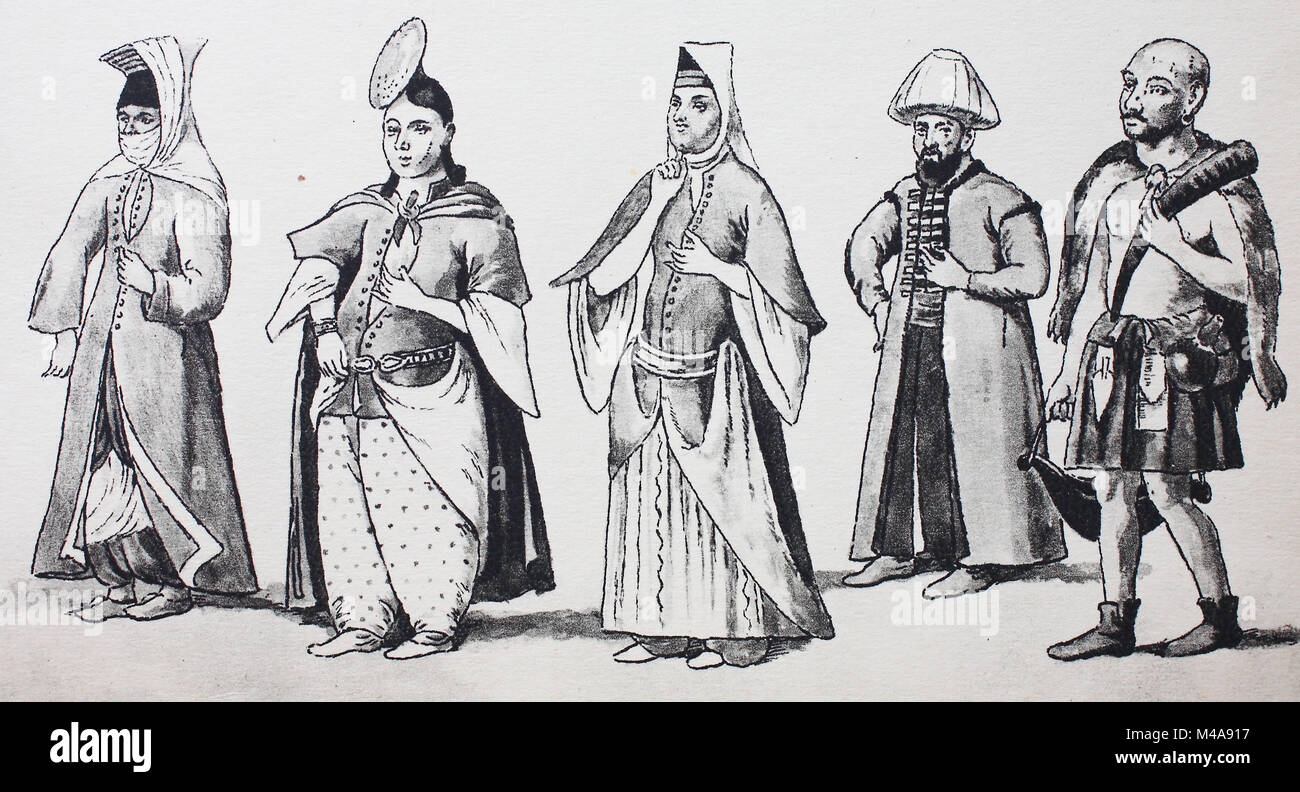 Fashion, clothes in Turkey in the 17th century, from the left, a lady in a street dress, a lady of Sarei, a Turkish lady in house clothes, an imam, a prayer leader in a mosque, and a wandering dervish, digital improved reproduction from an original from the year 1900 Stock Photo