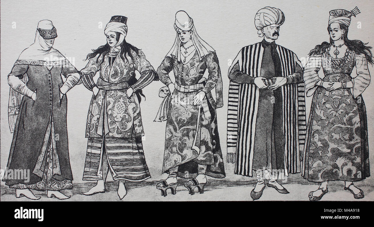 Fashion, clothing in Turkey in the 16th century, from the left, a