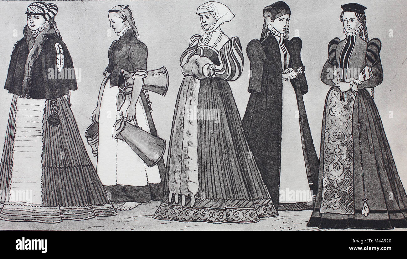 Fashion, clothes in Germany, civic costumes circa 15601580, from left