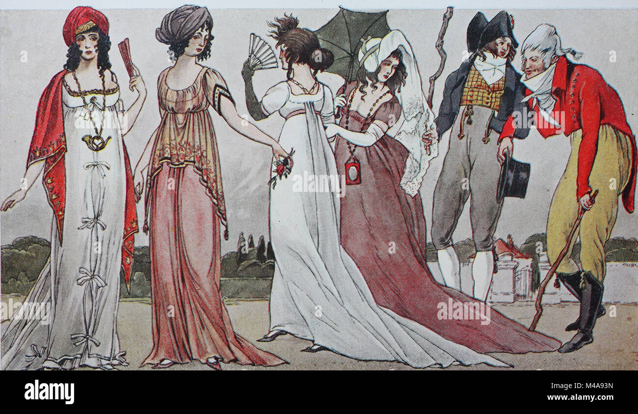 Fashion, clothing in France at the time of the Revolution 1795-1803, from the left, ladies in antique costumes during the 1800s consulate, Mode a la grecque, merry vices and incroyables, digital improved reproduction from an original from the year 1900 Stock Photo