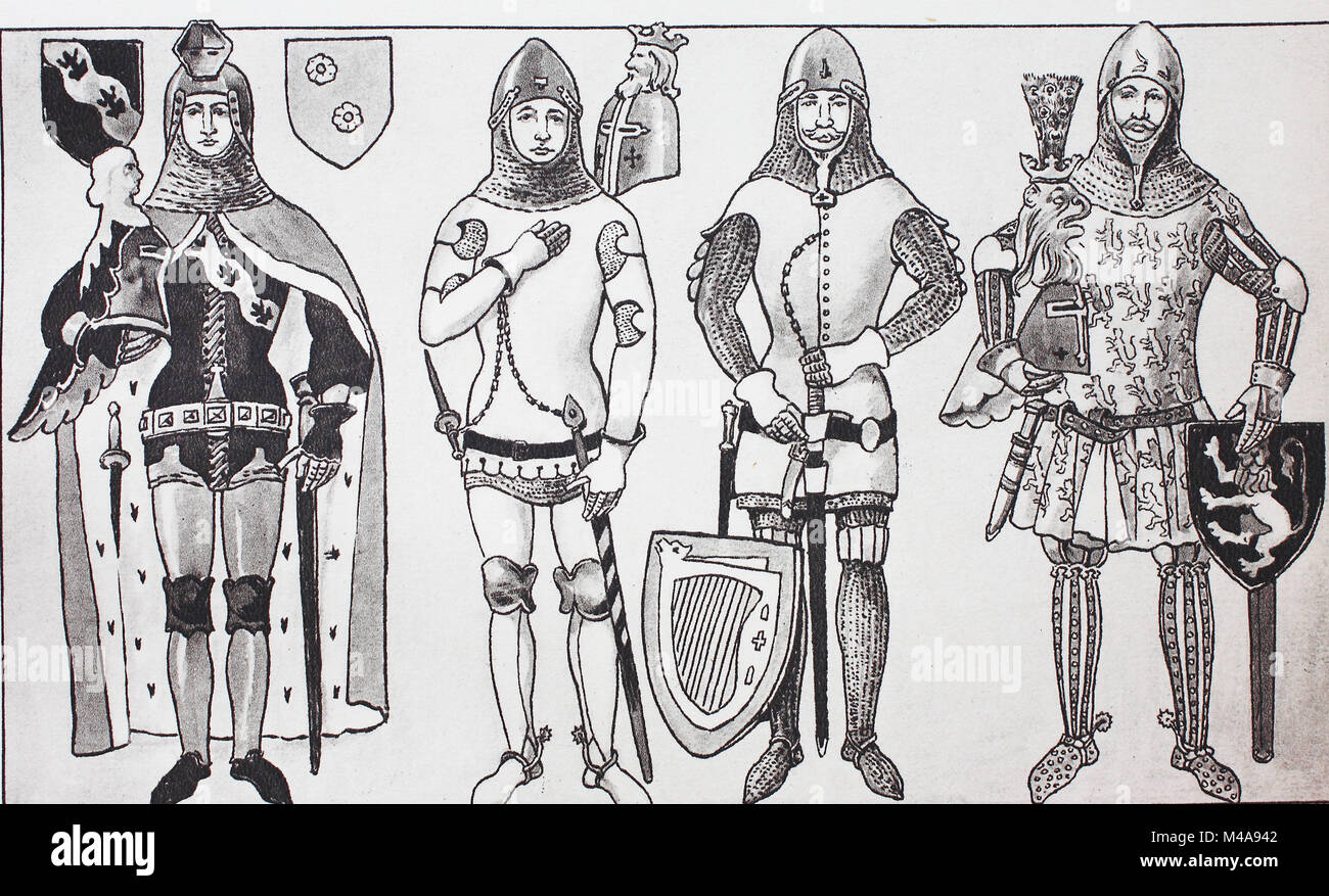 Fashion, clothing, German Knights costumes in the 14th century, a knight in ermine coat, various types of Lentner or Lendner, a waisted, armored protective vest, digital improved reproduction from an original from the year 1900 Stock Photo