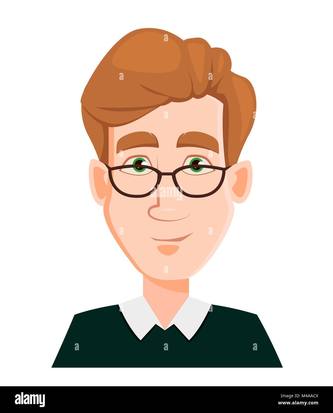 Face expression of a man in glasses with blond hair smiling. Male